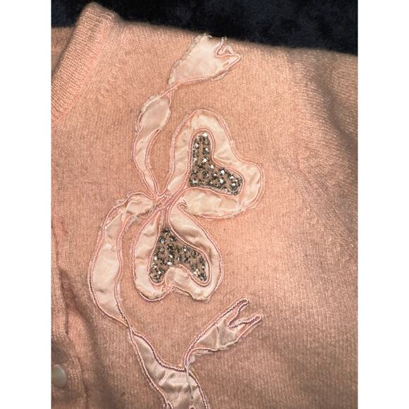 VINTAGE PEACH BALMORAL CASHMERE RHINESTONES & RIBBON TRIM CARDIGAN SWEATER - Picture 5 of 11